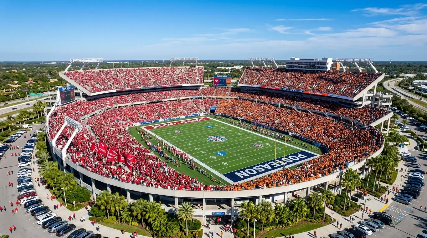 Vista aérea de un estadio de bowl game con el campo preparado para el partido de postemporada