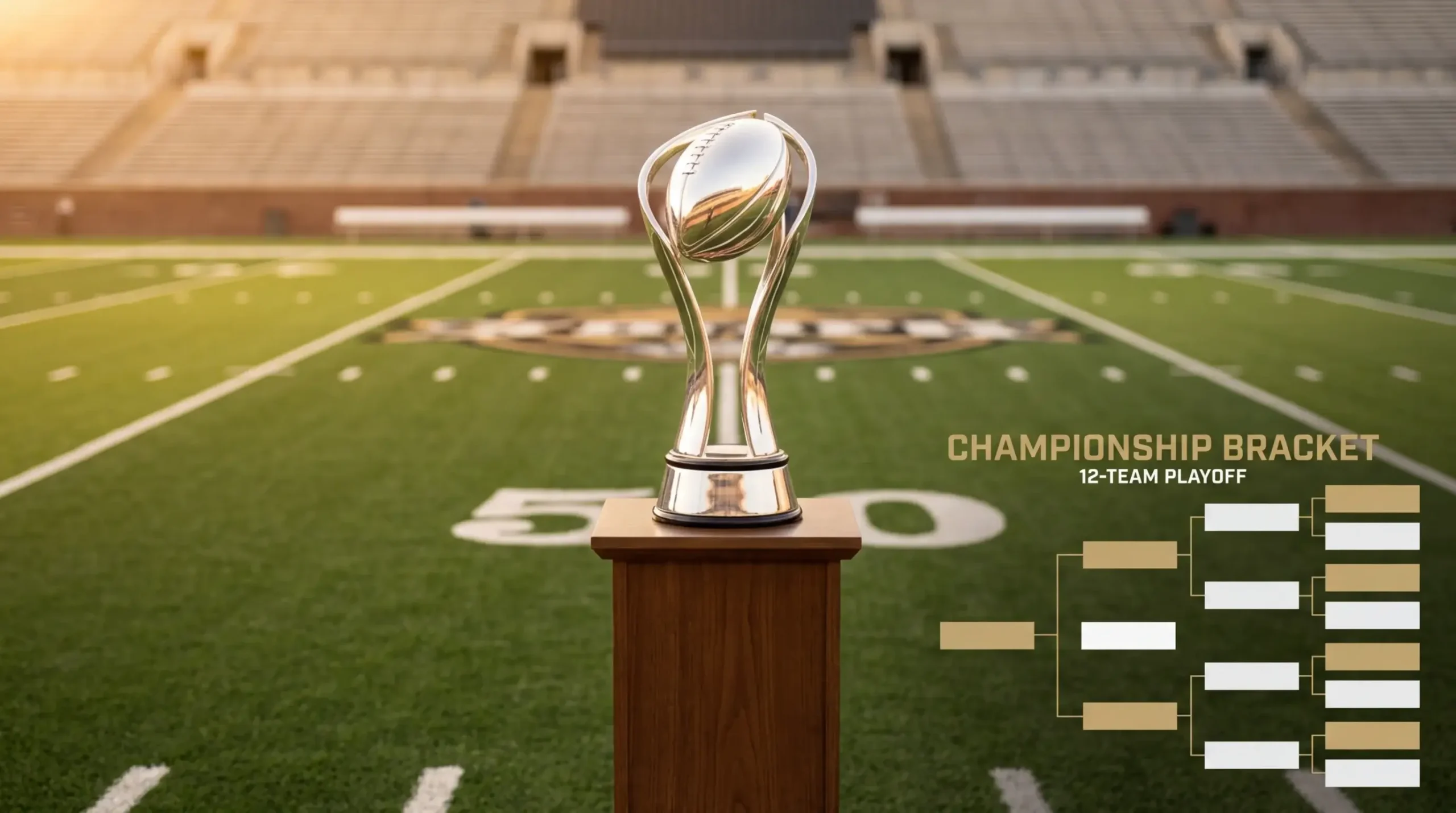 Trofeo del campeonato nacional de fútbol americano universitario sobre un campo con los logos de conferencias