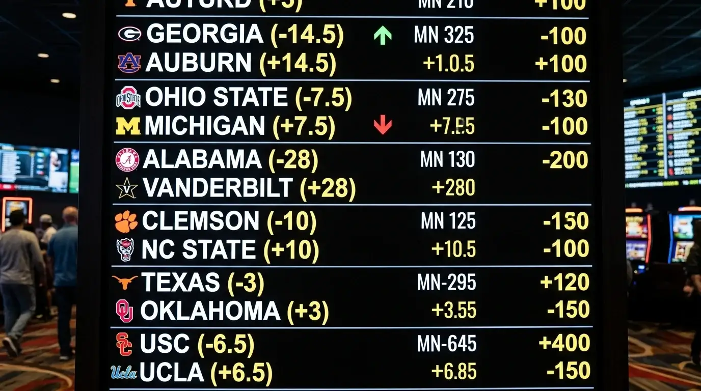 Pantalla de sportsbook mostrando spreads y cuotas de partidos de fútbol americano universitario