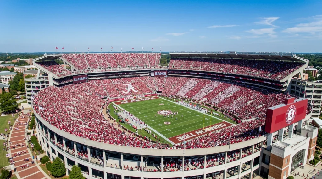 Estadio Bryant-Denny de Alabama lleno de aficionados durante partido de futbol americano