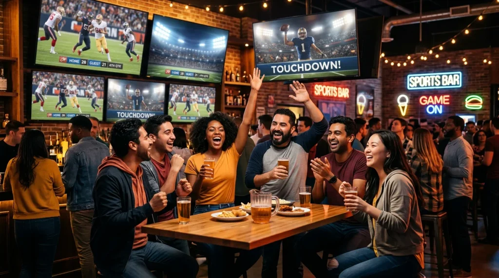 Aficionados viendo un partido de fútbol americano en un bar con pantallas de deportes