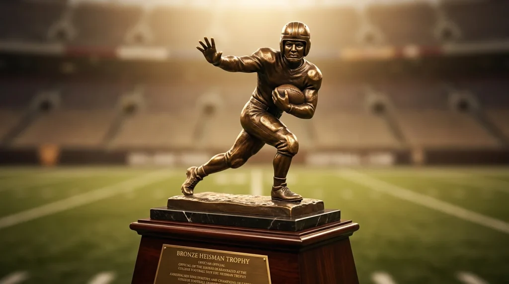 Trofeo Heisman sobre pedestal con campo de fútbol americano universitario de fondo