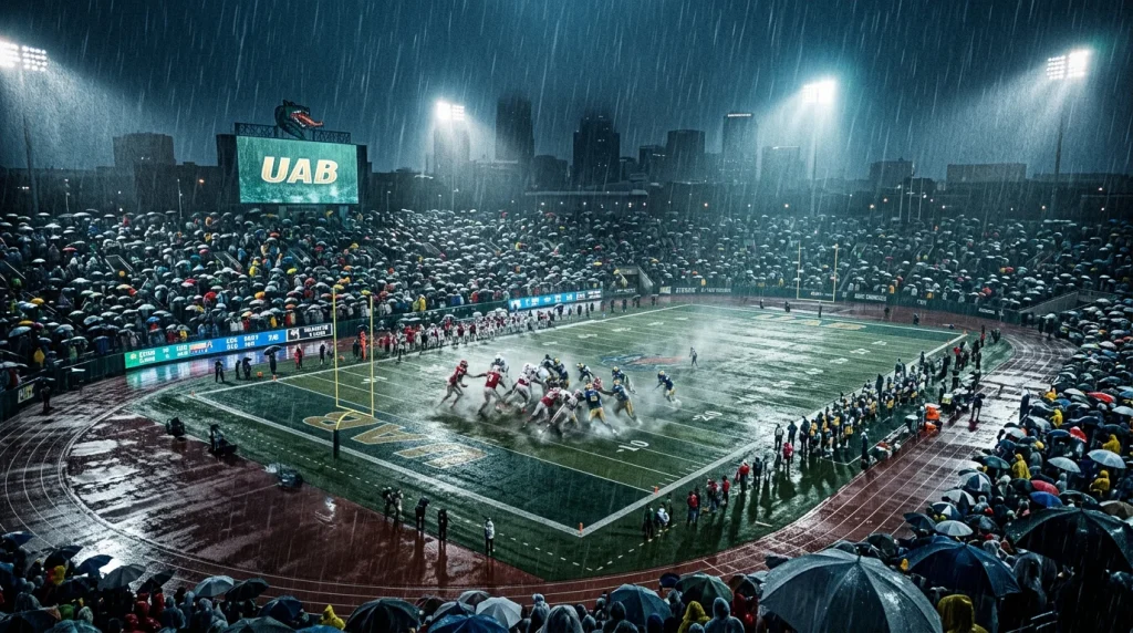 Estadio de fútbol americano universitario bajo lluvia y viento durante partido nocturno