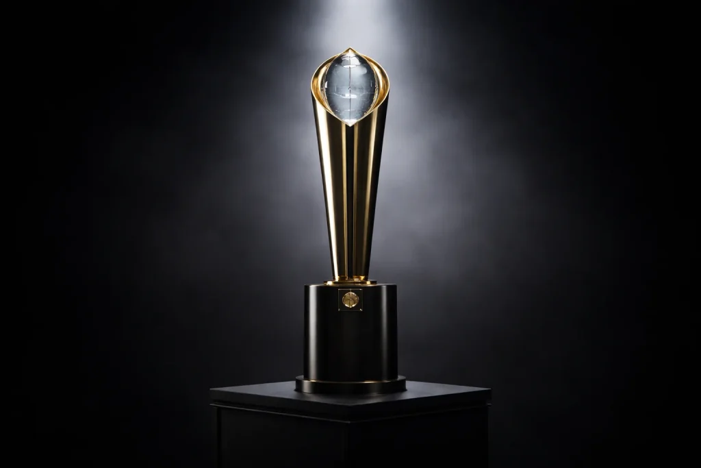 Trofeo del campeonato nacional de fútbol americano universitario sobre pedestal