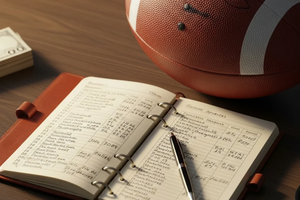 Libreta con anotaciones de apuestas junto a un balón de fútbol americano