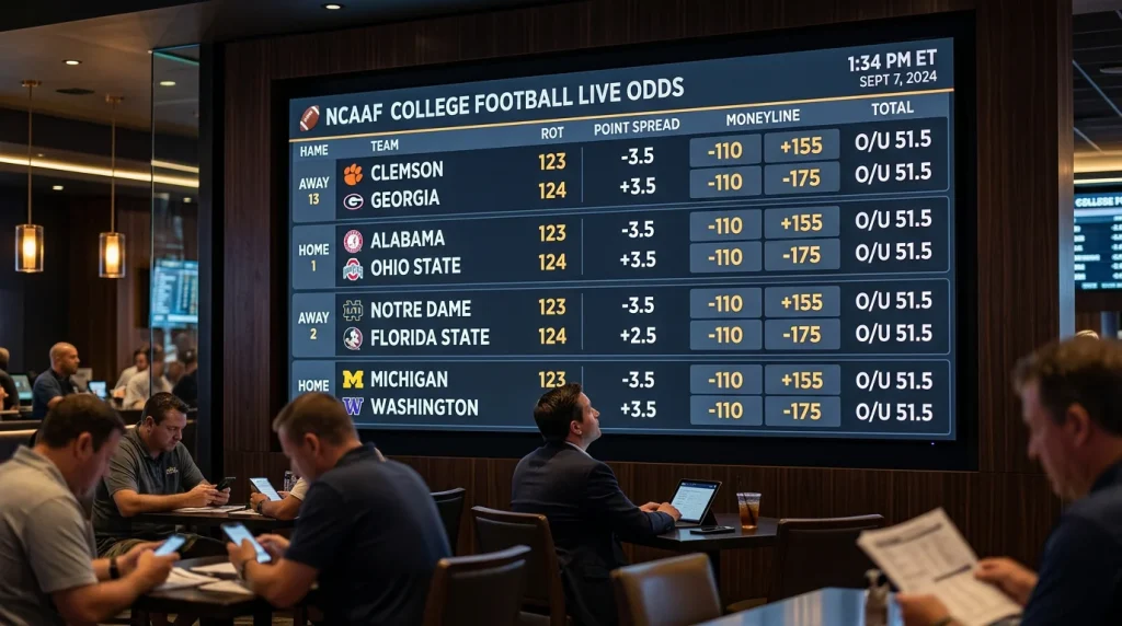 Pantalla de sportsbook mostrando lineas de apuestas de college football