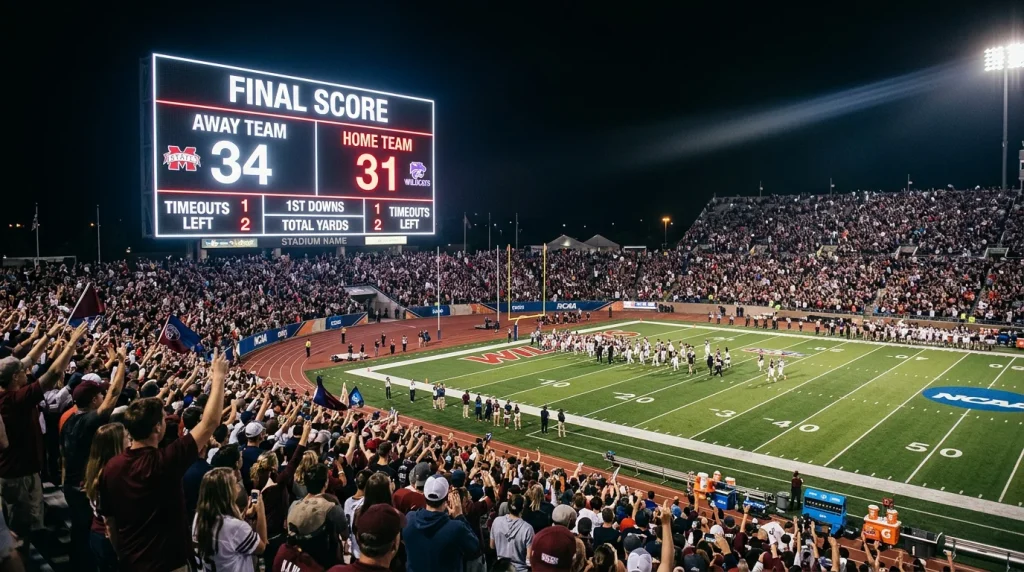 Marcador de estadio de fútbol americano universitario mostrando resultado de partido NCAA