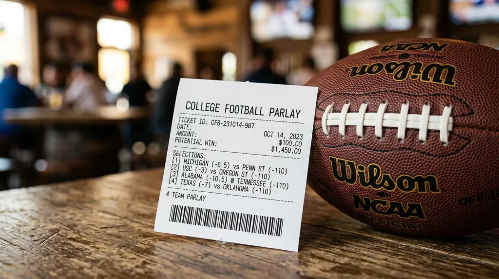 Boleto de apuestas deportivas junto a balón de fútbol americano universitario