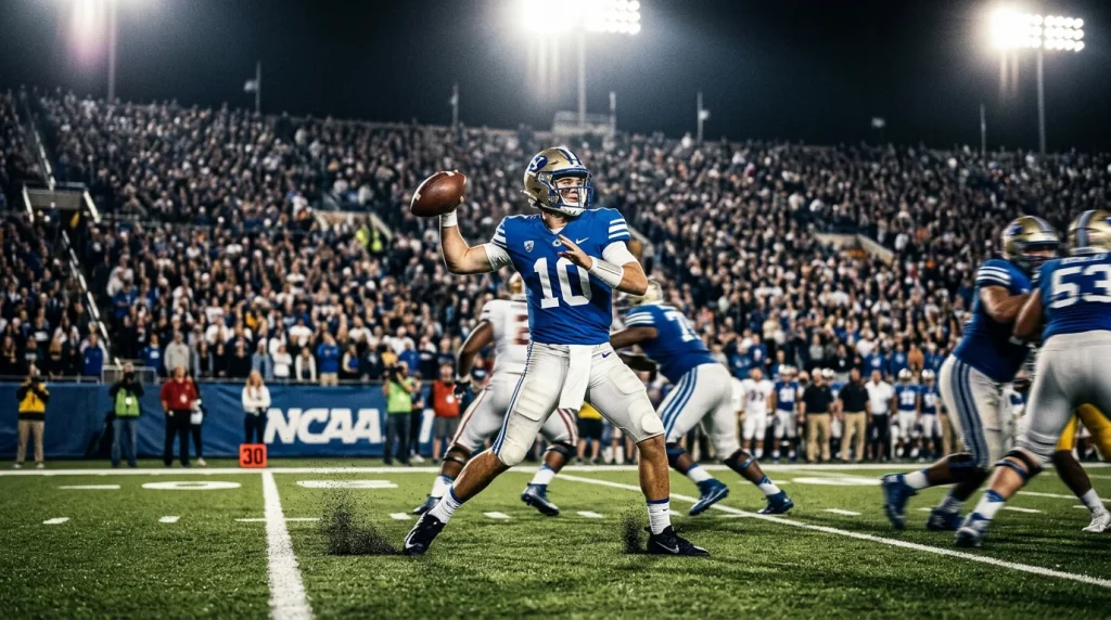 Quarterback de fútbol americano universitario lanzando pase durante partido NCAA
