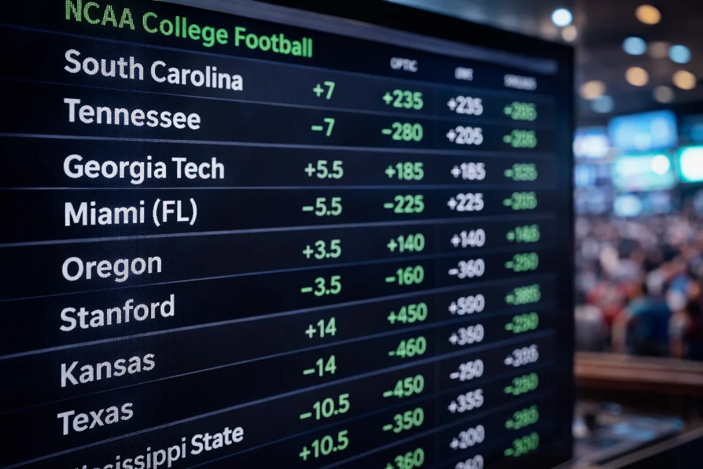 Pantalla de líneas de apuestas deportivas con spreads de fútbol americano universitario