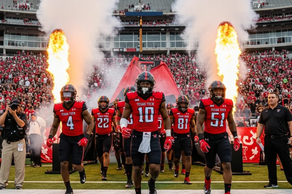 Jugadores de Texas Tech Red Raiders en accion durante partido de futbol americano